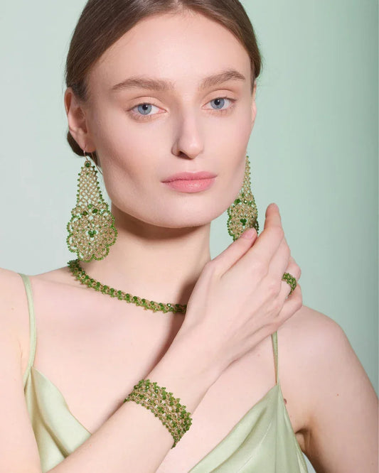 GERBERA EARRINGS in Silk, Gold, Silver color Green side view with decorative details and quality finishes