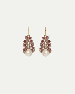 Elegant red Gillet earrings featuring intricate gold detailing and pearls, side view angle.