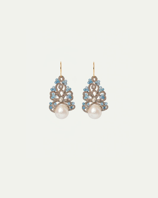 GILLET EARRINGS in Silk, Silver, Pearls color Blue front view with elegant and refined design