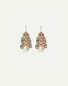 Intricate multicolor earrings with gemstones, pearls, and gold accents in a filigree design.