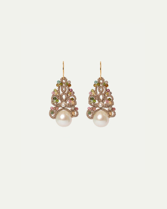GILLET EARRINGS in Silk, Silver, Pearls color Multicolor side view with decorative details and quality finishes