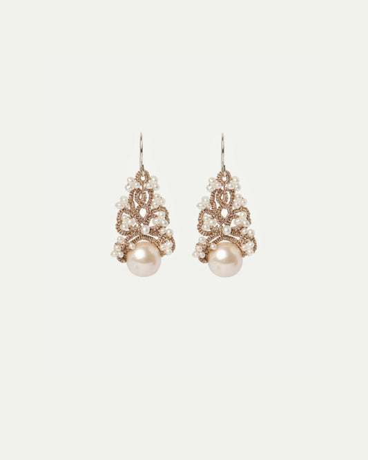 GILLET EARRINGS in Silk, Silver, Pearls color White side view with decorative details and quality finishes