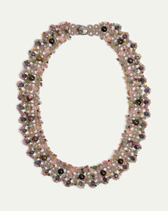 Multicolor beaded necklace with intricate pattern and varied gemstones, showcasing a side view of elegant design.