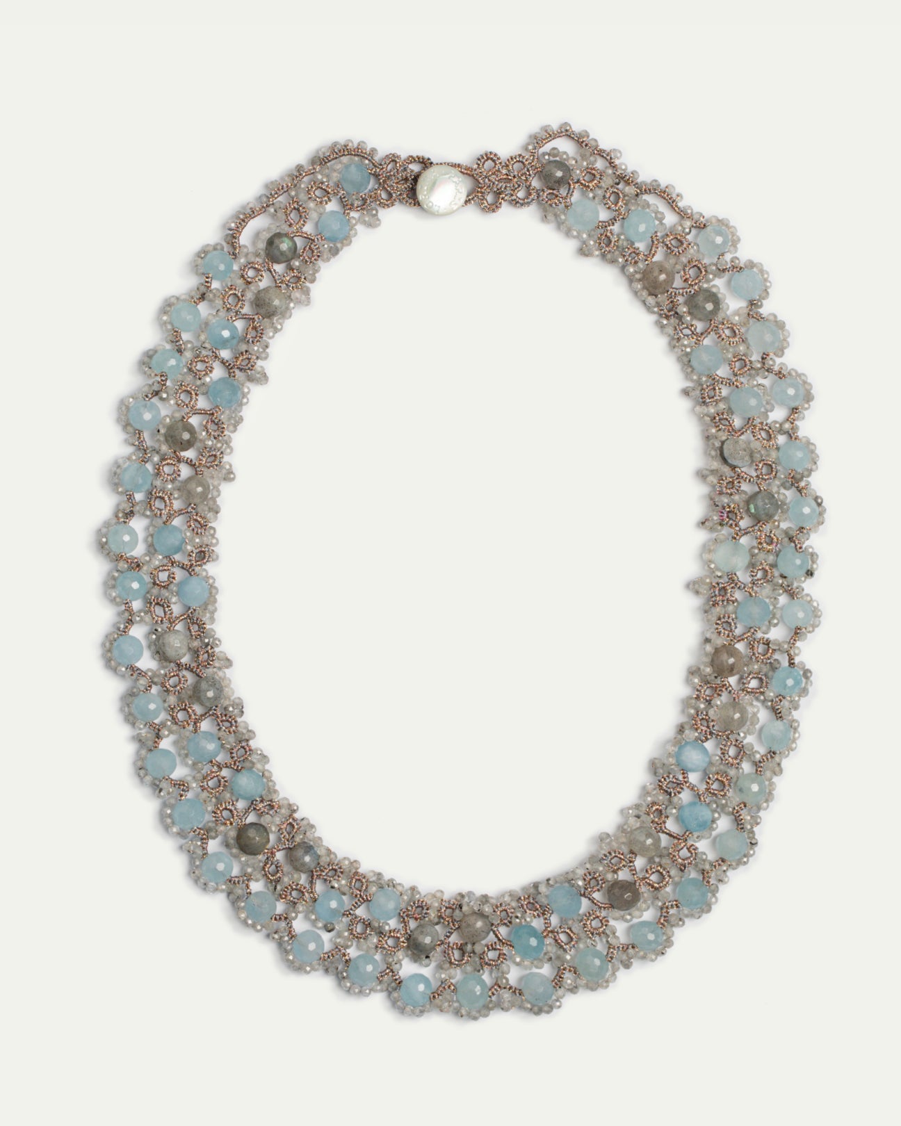 GRACE NECKLACE with aquamarine and labradorite gemstones, silk threads, and pearl button in blue.