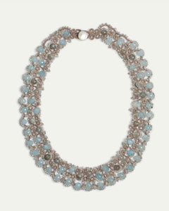 GRACE NECKLACE in Silk, Pearl, Aquamarine color Blue front view with elegant and refined design