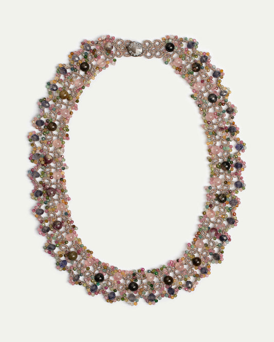 GRACE NECKLACE in Silk, Pearl, Tourmaline color Multicolor side view with decorative details and quality finishes