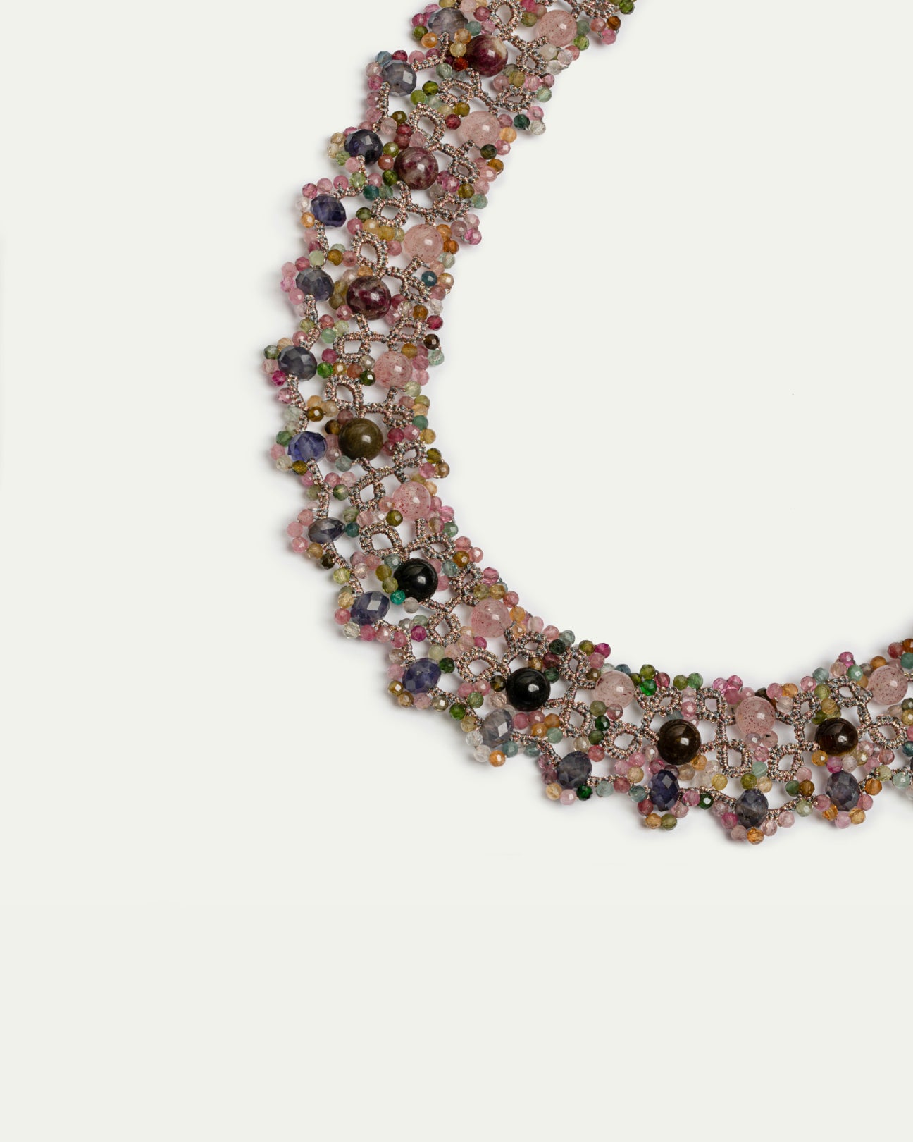 GRACE NECKLACE in Silk, Pearl, Tourmaline color Multicolor detail view with classic and elegant design
