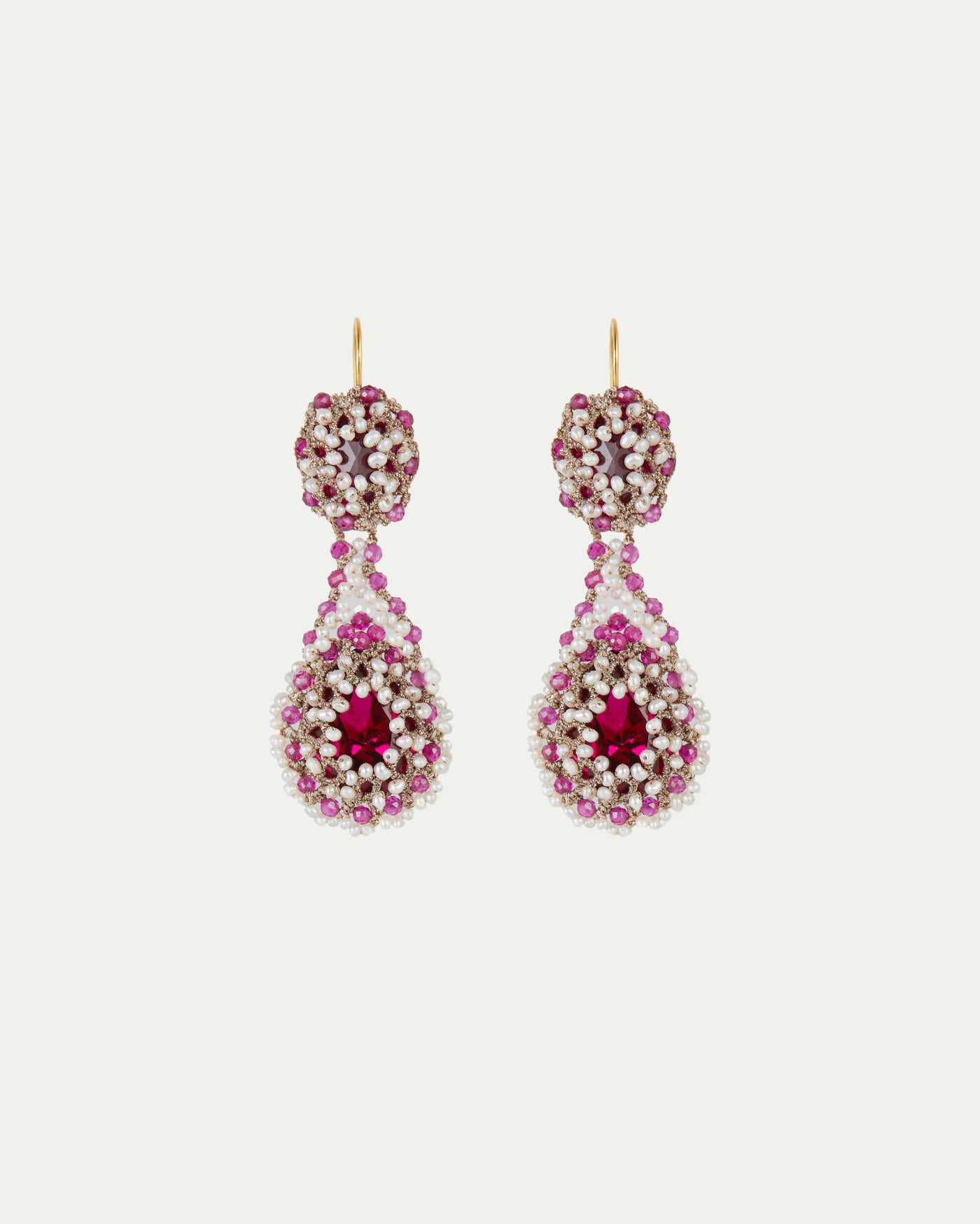 GRETA Earrings with ruby gemstones, pearls, rose silk threads, gold-plated silver hooks.