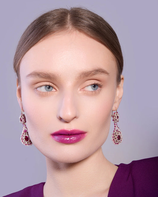 GRETA EARRINGS in Silk, Gold, Silver color Rose side view with decorative details and quality finishes