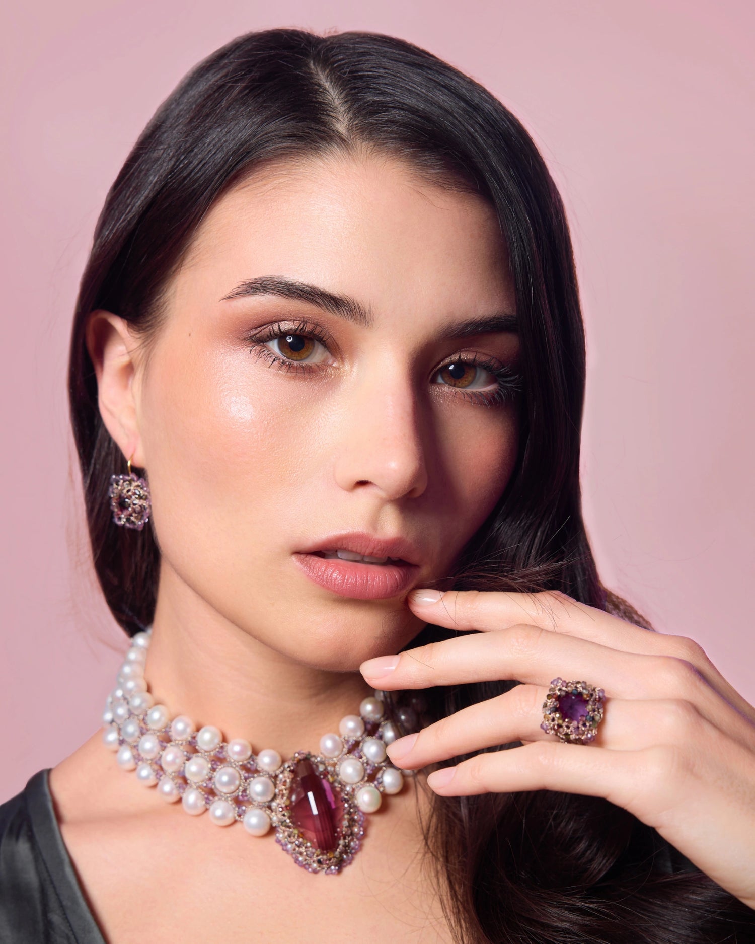 Hepburn Amethyst Necklace with pearls, amethyst, multicolored sapphire, rose hue, vintage elegance.