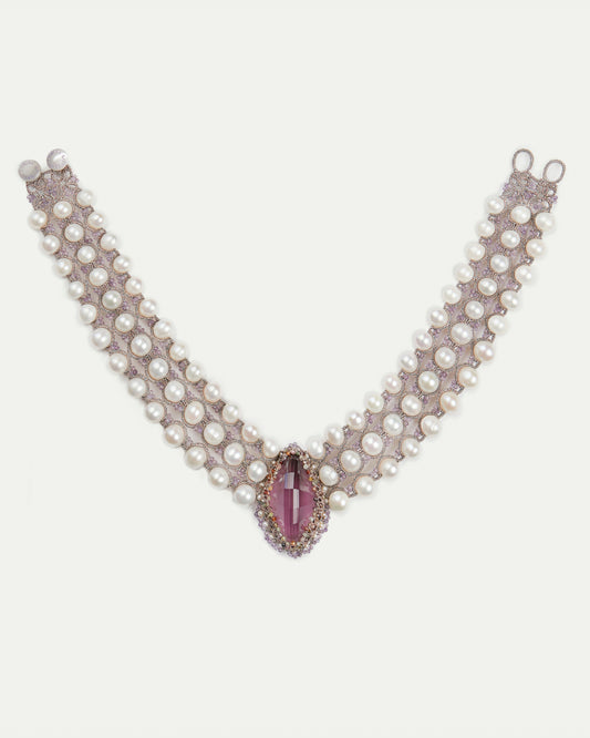 Hepburn Amethyst Necklace in Silk, Pearl, Pearls color Rose side view with decorative details and quality finishes