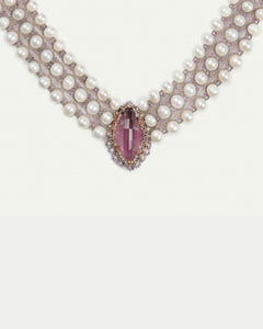 Hepburn Amethyst Necklace with rose silk, freshwater pearls, sapphire accents, and central amethyst detail.