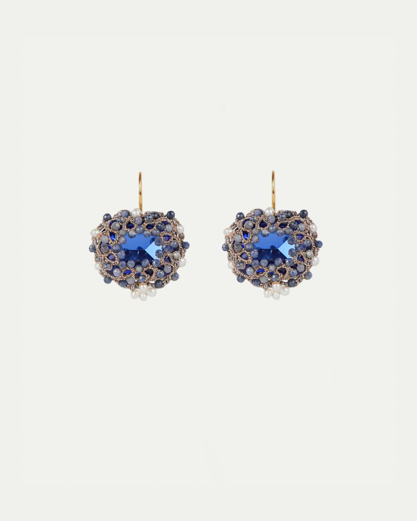 Hepburn Earrings with blue sapphire gemstones, freshwater pearls, gold-plated silver hooks, and silk threads.