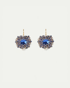 Hepburn Earrings with blue sapphire gemstones, freshwater pearls, gold-plated silver hooks, and silk threads.