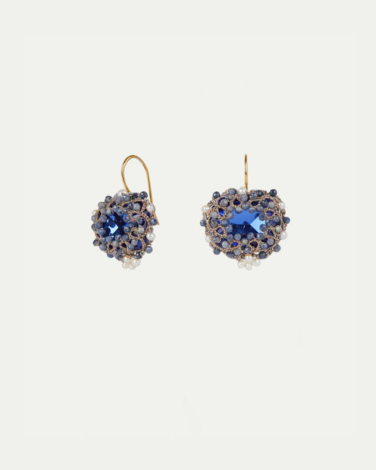 HEPBURN EARRINGS in Silk, Gold, Silver color Blue side view with decorative details and quality finishes