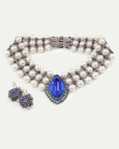 Blue silk and pearl Hepburn earrings with gold hooks, featuring freshwater pearls and intricate gold detailing.