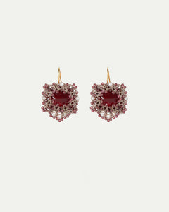 HEPBURN EARRINGS with red garnet gemstones, pearls, silk threads, gold-plated silver hooks