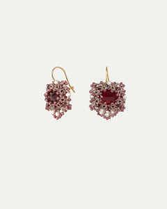 Red Hepburn earrings with silk, gold, pearls, and freshwater pearl detailing.