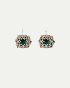 HEPBURN EARRINGS with green sapphires, crystals, pearls, silver hooks, and silk threads in a vibrant green design.