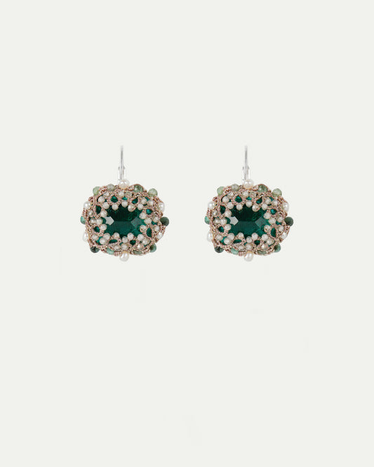 HEPBURN EARRINGS in Silk, Silver, Pearls color Green front view with elegant and refined design