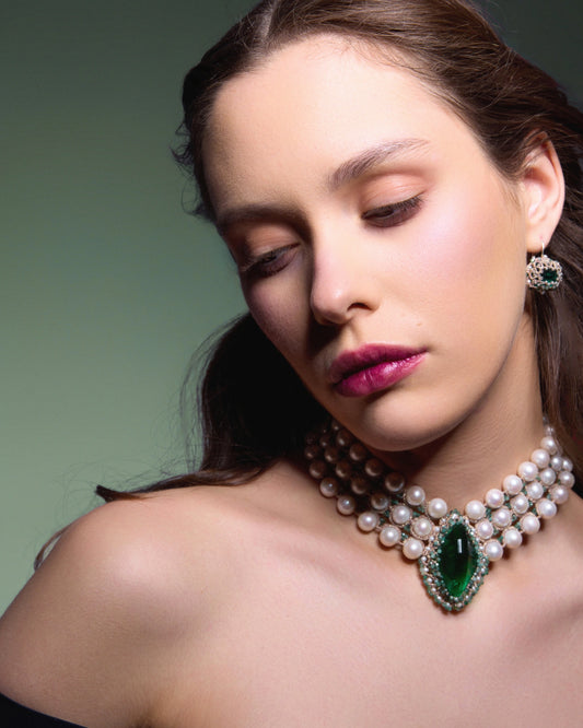 HEPBURN EARRINGS in Silk, Silver, Pearls color Green side view with decorative details and quality finishes
