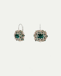 Green silk, crystal, and silver earrings adorned with freshwater pearls.