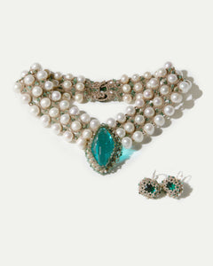 Green silk earrings with silver and freshwater pearls, detailed with crystals and crystal textures.