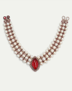 HEPBURN NECKLACE with freshwater pearls, red garnet, vintage glass, silk threads, pearl button accents.
