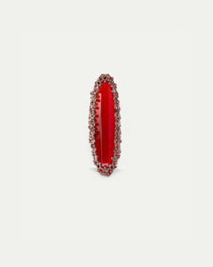 Red silk ring with garnet and glass detailing, size 57, intricate textured design.