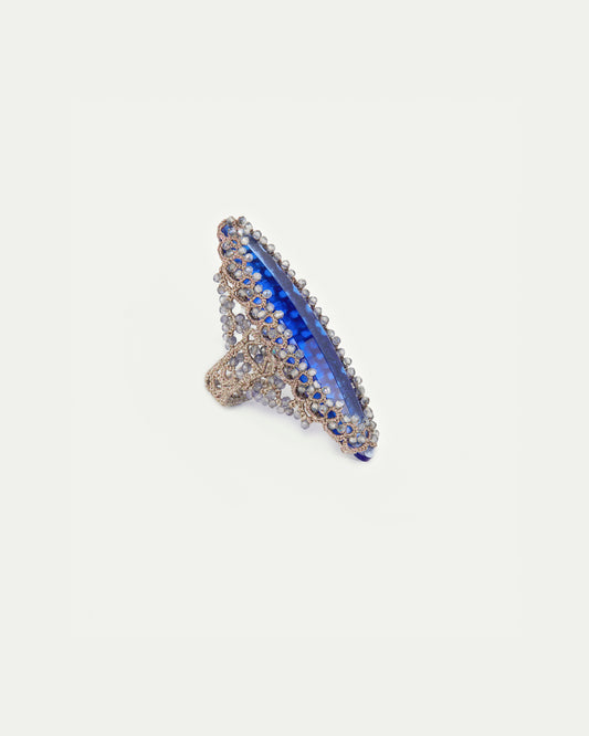HEPBURN RING in Silk, Topaz, Glass color Blue front view with elegant and refined design