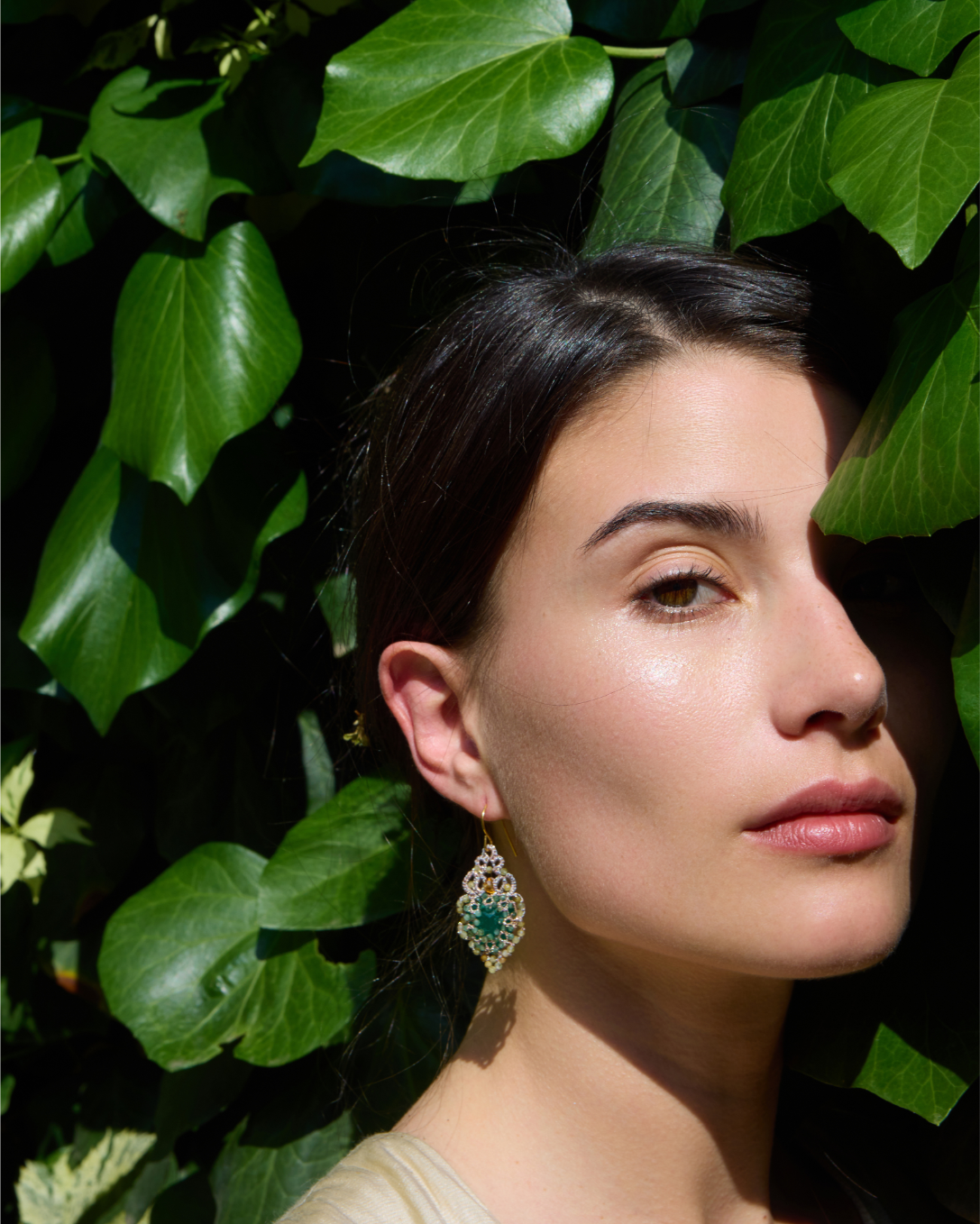 HERA EARRINGS in Silk, Gold, Silver color Green angle view with superior finishes and refined design