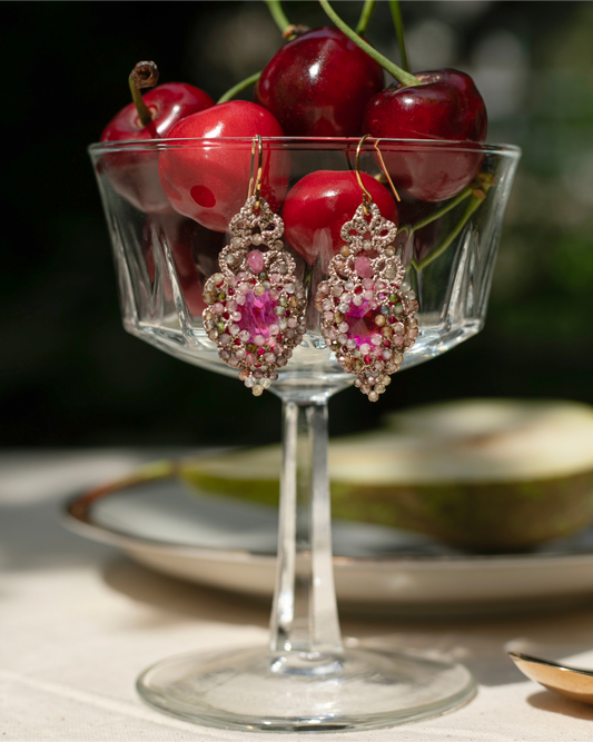 HERA EARRINGS in Silk, Gold, Silver color Rose side view with decorative details and quality finishes