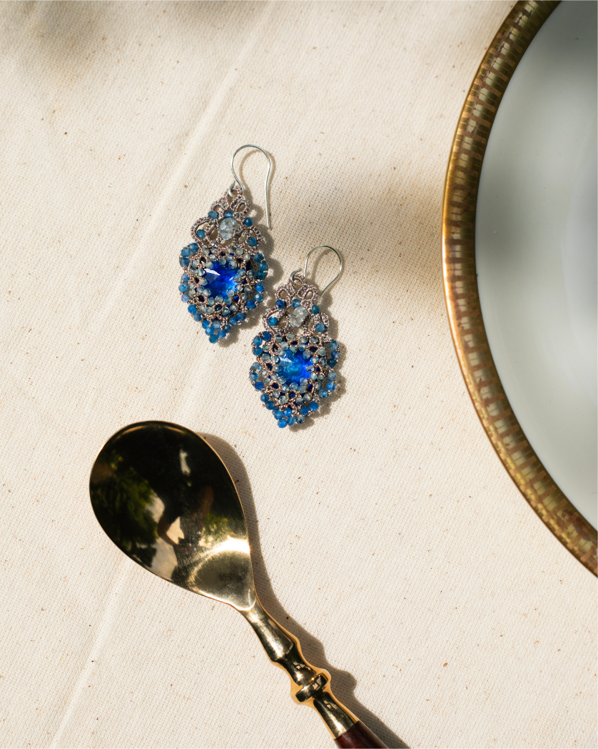HERA EARRINGS in Silk, Silver, Crystal color Blue front view with elegant and refined design
