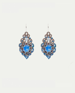 HERA EARRINGS in Silk, Silver, Crystal color Blue side view with decorative details and quality finishes