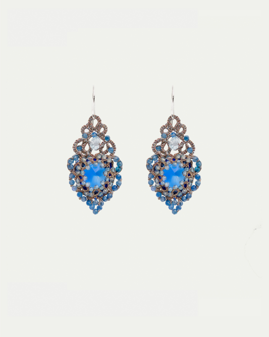HERA EARRINGS in Silk, Silver, Crystal color Blue side view with decorative details and quality finishes