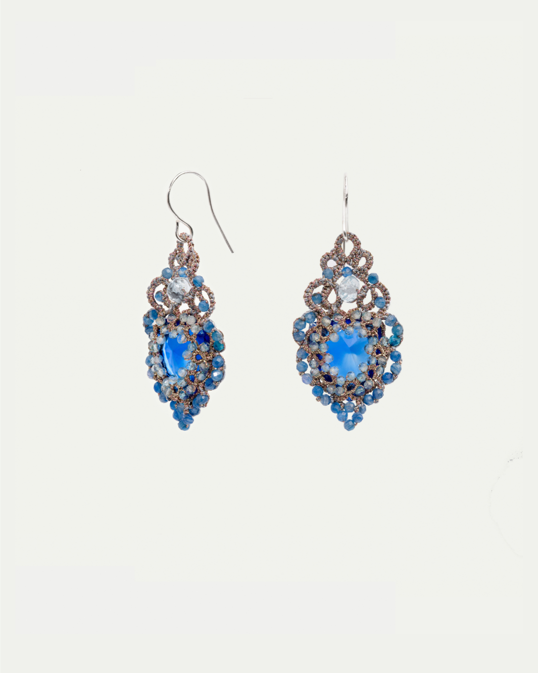 HERA EARRINGS in Silk, Silver, Crystal color Blue detail view with classic and elegant design