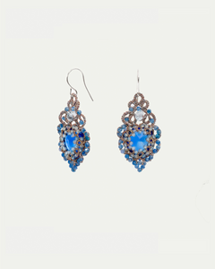 HERA EARRINGS in Silk, Silver, Crystal color Blue detail view with classic and elegant design