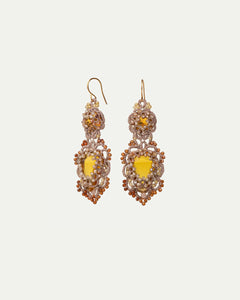 Gold INESSE earrings with intricate silk embroidery, crystal and garnet details, featuring gold and silver accents.