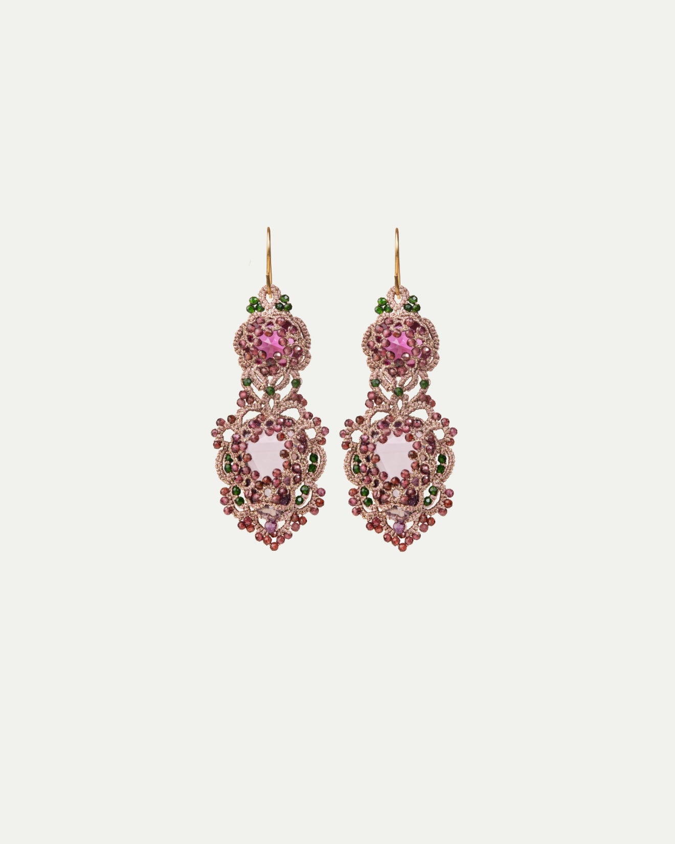 INESSE red earrings with crystal, garnet, gruenfluss, silk, and gold-plated silver hooks.