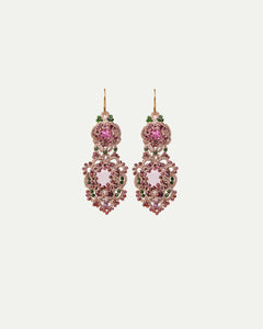 INESSE red earrings with crystal, garnet, gruenfluss, silk, and gold-plated silver hooks.