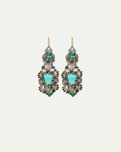 INESSE EARRINGS with crystal, green tourmaline, apatite gemstones, silk threads, gold-plated silver hooks.