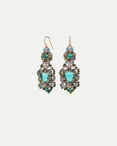 Green silk earrings with gold and silver details, crystal and tourmaline embellishments.
