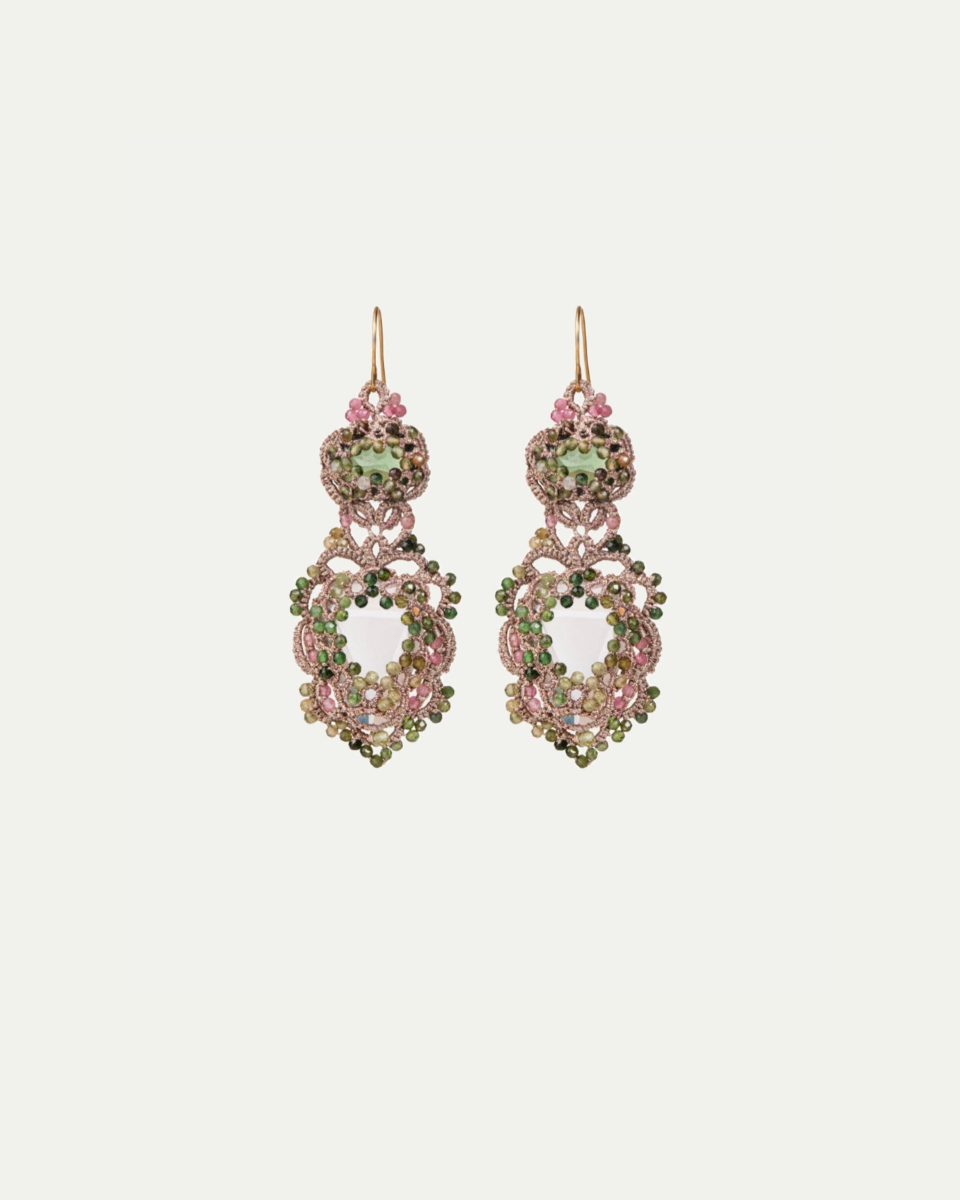 INESSE EARRINGS with vintage glass, pink and green tourmaline, silk threads, multicolor, gold-plated silver hooks.