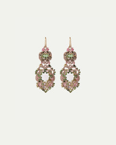 INESSE EARRINGS with vintage glass, pink and green tourmaline, silk threads, multicolor, gold-plated silver hooks.