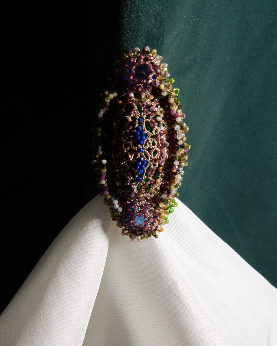 JENNA BROOCH in Silk, Silver, Garnet color Multicolor side view with decorative details and quality finishes