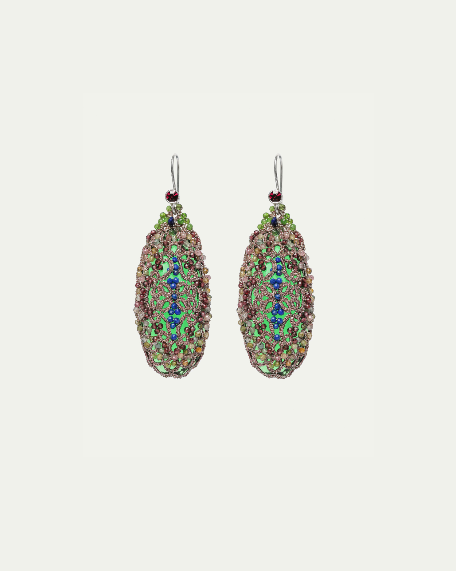 JENNA EARRINGS in Silk, Gold, Garnet front view with elegant and refined design