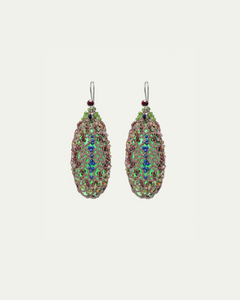 JENNA EARRINGS in Silk, Gold, Garnet front view with elegant and refined design