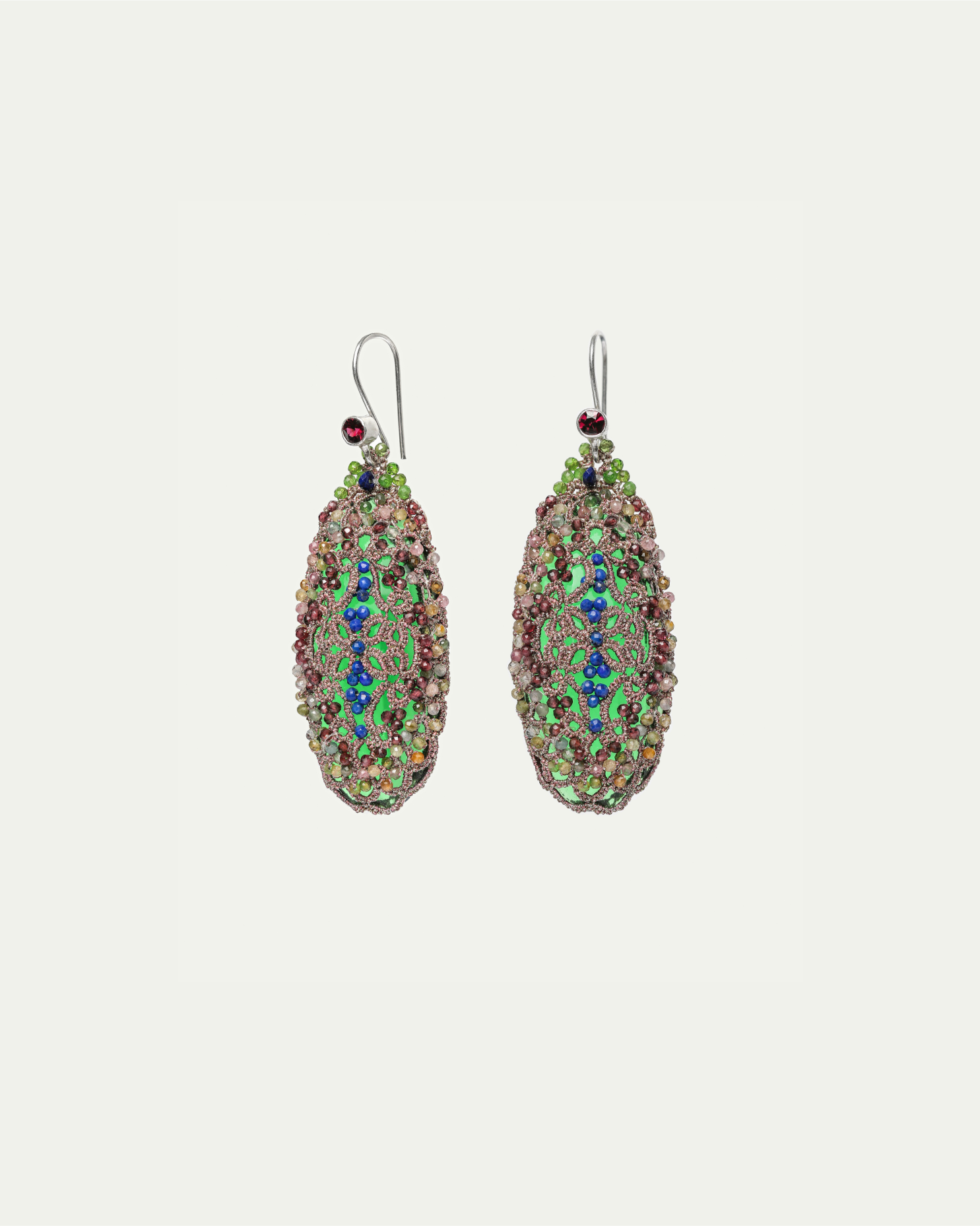 JENNA EARRINGS in Silk, Gold, Garnet detail view with classic and elegant design