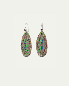 JENNA EARRINGS in Silk, Gold, Garnet detail view with classic and elegant design