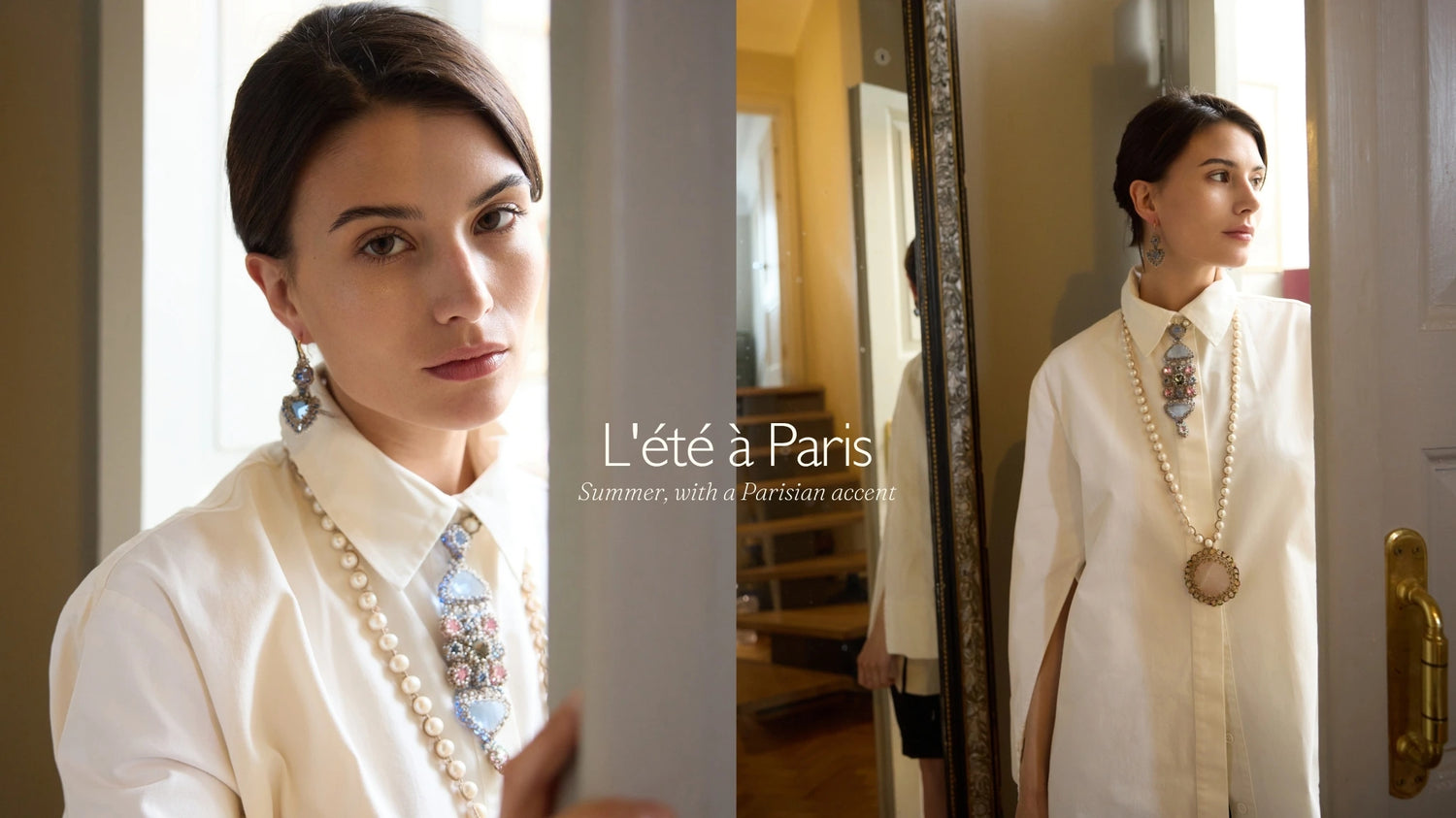 Lorina Balteanu Paris handcrafted statement jewelry — drop earrings and pearl pendant necklace, handmade in Paris. L'été à Paris Summer Collection.